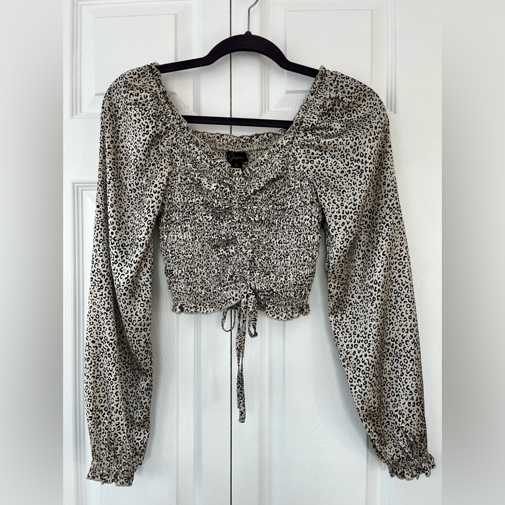 Shimmery Champagne/Black Leopard Print Smocked/Rusched Blouse